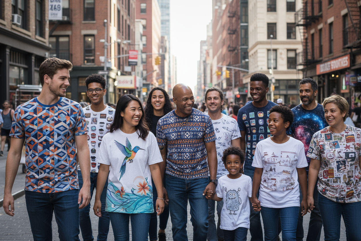 people of different races and a child wearing casual printed custom designed shirts walking down a city


